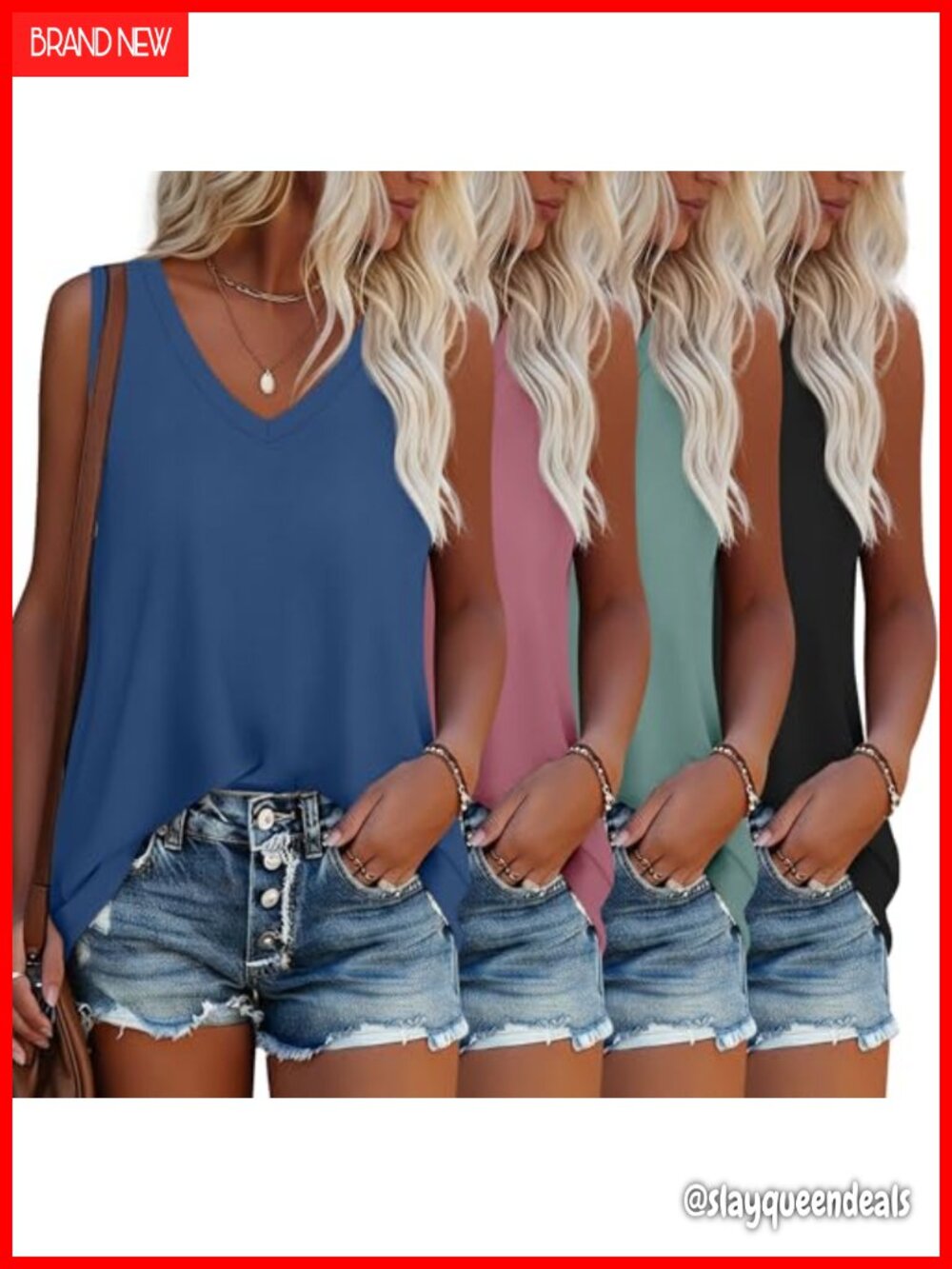 Women's V Neck Tank Tops Loose Fit Flowy Cotton Spandex Summer Tops 4 Pack